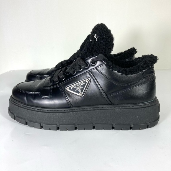 Prada Shearling Trimmed Flatform Calfskin Leather Sneakers Black 36.5 - Picture 1 of 14